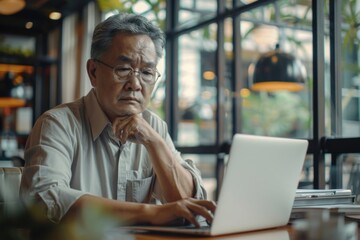 Serious and thoughtful businessman working inside office sitting at table using laptop at work, mature asian boss in shirt thinking and typing on keyboard. Generative AI