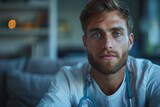 Fototapeta  - Portrait of a tired medical worker in a white coat with a phonendoscope around his neck.
Concept: medicine and healthcare, trust in doctors and positive attitude in treatment
