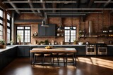 Fototapeta  - Urban loft kitchen with concrete countertops, and tile backsplash