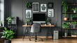 Patterned posters are hung above a desk with a computer monitor in a grey home office interior. Plants add a touch of greenery to the space.