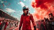© master1305 - Driver in red celebrating with trophy, confetti, cheering crowd in the background. Formula one racing event