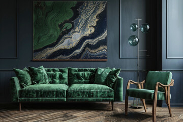 Wall Mural - Green sofa and armchair on grey classic wall with marble poster. Art deco interior design of a modern living room.