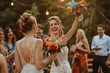 Lesbian in wedding ceremony dresses tossed their bouquets over their shoulders to their guests in the party, Authentic LGBTQ Relationship.