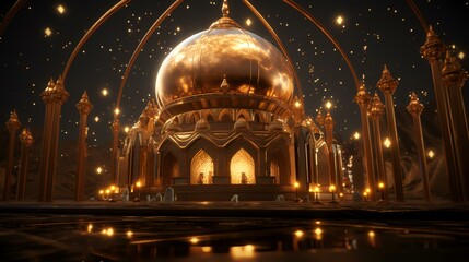 Wall Mural - 3D Illustration of a golden dome of a mosque with lights in the background