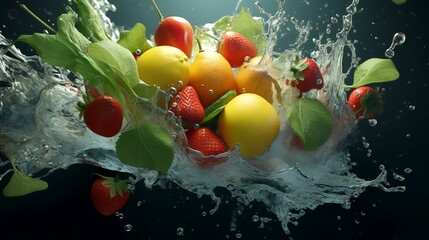 Wall Mural - Fruits and vegetables falling into the water with splash on a dark blue background