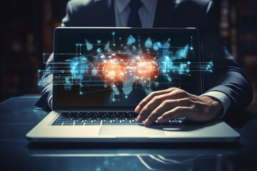 Hard working person in modern interior office programming writing web java script code AI technology generation