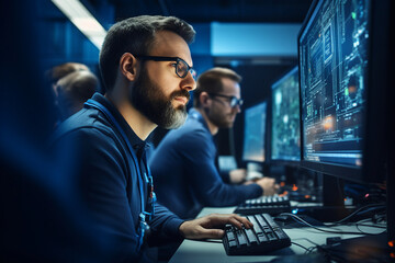 Hard working person in modern interior office programming writing web java script code AI technology generation
