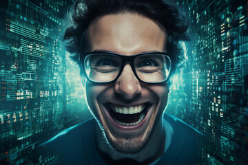 Hard working person in modern interior office programming writing web java script code AI technology generation
