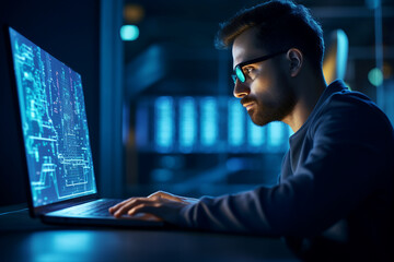Hard working person in modern interior office programming writing web java script code AI technology generation