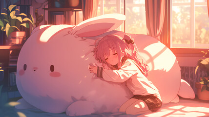 Wall Mural - anime characters sleep on large rabbit-shaped pillows