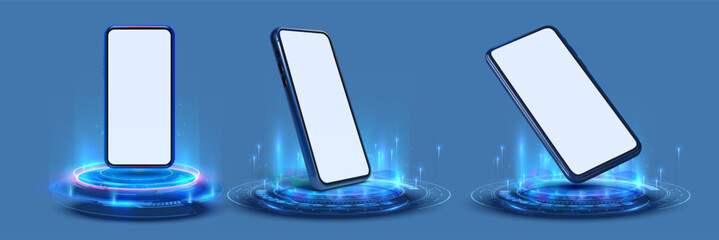 Poster - Futuristic Smartphones with Interactive Interface Display. Modern smartphones depicted in various angles with a dynamic, glowing interface, symbolizing cutting-edge technology. Vector illustration