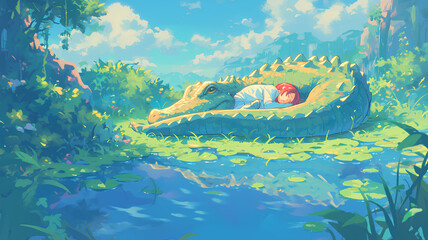 Wall Mural - anime characters sleep on large crocodile-shaped pillows