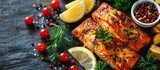 Fototapeta  - Fish and Chips top view. A plate of grilled salmon with lemon wedges and cherry tomatoes. web banner with Copy space for text.