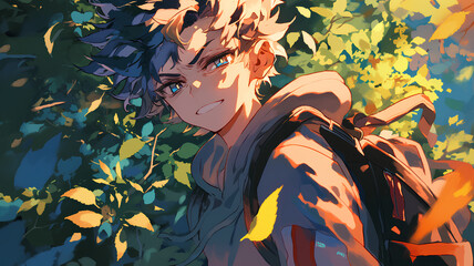 Wall Mural - anime boy character carrying a bag, tree leaves in the background