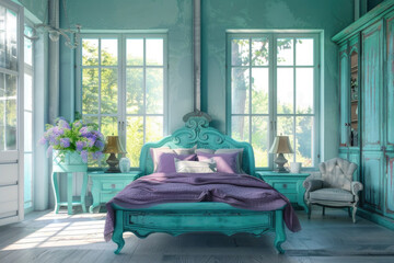 Wall Mural - Colorful vintage rustic bed with pillows in the bright bedroom with large windows