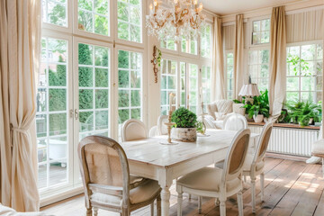 Wall Mural - Rustic, vintage furniture, table and chairs in beige color in the dining room with large windows.