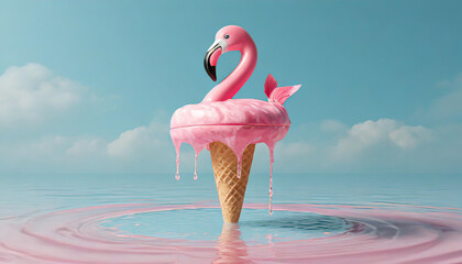 Wall Mural - Pink stick ice cream melting with flamingo float on pastel blue background. Creative idea minimal summer concept. 3d rendering,