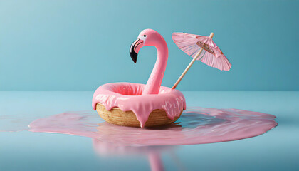 Wall Mural - Pink stick ice cream melting with flamingo float on pastel blue background. Creative idea minimal summer concept. 3d rendering,
