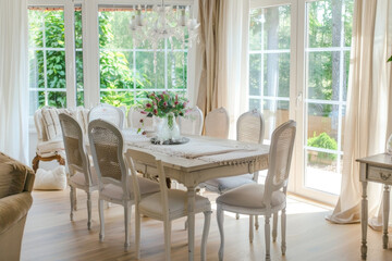 Wall Mural - Rustic, vintage furniture, table and chairs in beige color in the dining room with large windows.