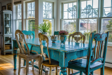 Wall Mural - Rustic, vintage furniture, table and chairs of various bright colors in the dining room with large windows.