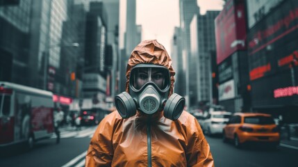 Wall Mural - An epidemiologist, a doctor in a protective suit, a respiratory mask, a gas mask looks at the camera while standing on the street. Health Care, Epidemic, Medicine, Outbreak of a new Virus in the city.