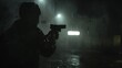 Through the mist of a rain soaked night the outline of a man holding a gun is barely visible a ghostly presence in the dark