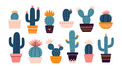 Wall Mural - Cactus set. Desert spiny plant, mexico cacti flower and tropical home plants or arizona summer climate garden cactuses.
