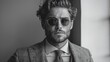 © Luna Scarlet - Stylish man in tweed suit and sunglasses. Black and white studio portrait with copy space. Fashion and modern lifestyle concept. Design for magazine covers, brand campaigns, and fashion blogs