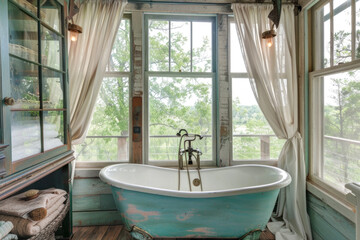 Wall Mural - Vintage turquoise bathtub in the bathroom with large windows