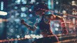 Athletic woman in VR gear sprinting with illuminated city backdrop, blending high-tech workout with virtual reality innovation
