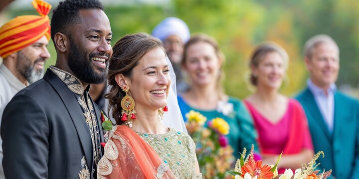 joyous multicultural wedding celebration with a couple in traditional and western attire, symbolizin