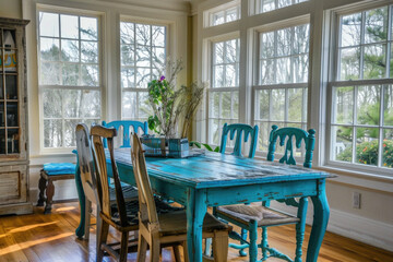 Wall Mural - Rustic, vintage furniture, table and chairs of various bright colors in the dining room with large windows.