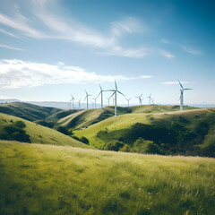 Poster - A row of wind turbines on a green hillside.