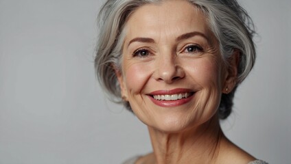 Wall Mural - Portrait of a middle-aged woman with gray hair. Beautiful smile. The concept of natural beauty and beautiful aging. Light background. 