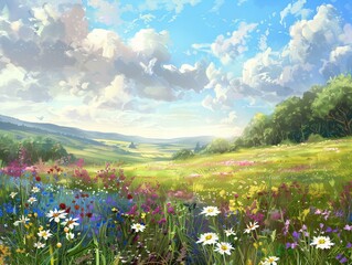 Poster - meadow with flowers and sun