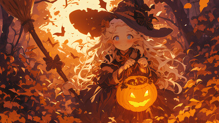 Wall Mural - anime little girl wearing adorable Halloween costume carrying pumpkin