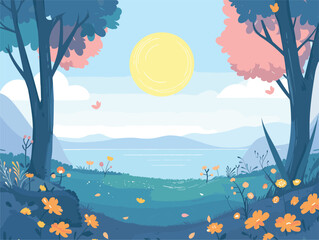 Wall Mural - Nature scene with trees, flowers, and lake under azure sky