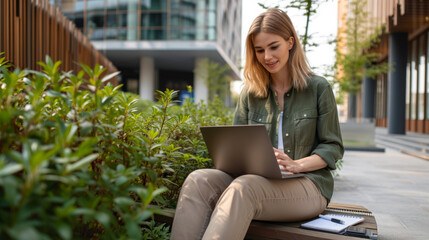 Canvas Print - young woman is focused on working on her laptop while sitting at a wooden table outdoors, with plants around and modern buildings in the background