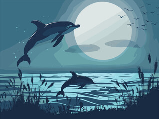 Wall Mural - Two bottlenose dolphins leaping out of the water under the night sky