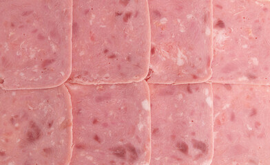 Wall Mural - slices of pork ham sausage as background, close up, top view