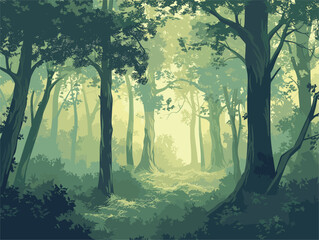 Wall Mural - Sunlight filtering through forest trees creates a beautiful natural landscape