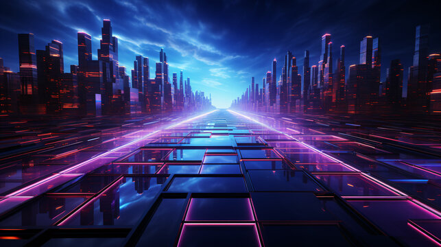 Dark cyberpunk city surreal landscape with neon glow light, virtual reality cyberspace and digital technology concept, futuristic abstract background. Generative AI