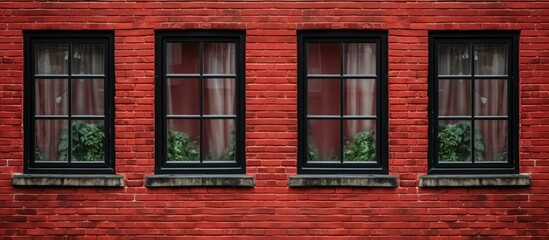 Canvas Print - A series of rectangular windows with brown wooden fixtures on a red brick building, showcasing the traditional brickwork as a building material in real estate