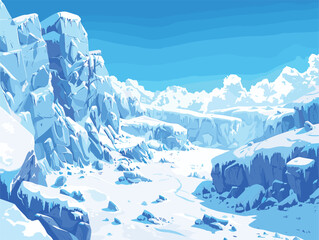 Snowy mountain with polar ice cap, freezing landscape in pixel art