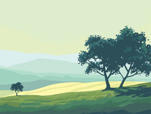 Art Depicting Two Trees On A Hill With Mountains In The Background