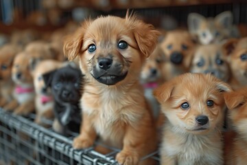 A pet store with rows of adorable puppies and kittens in cages