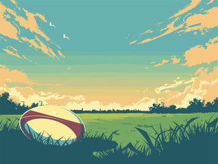 Wall Mural - Rugby ball resting on lush grass under a clear blue sky