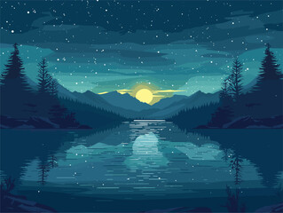 Wall Mural - Night painting of lake with mountains in background, under azure sky