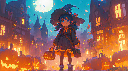 Wall Mural - anime little girl wearing adorable Halloween costume
