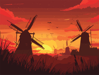 Wall Mural - Red sky at morning, windmills against dusk sky, birds flying in afterglow